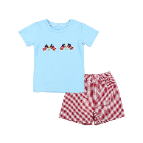 Flag Embroidered Shirt Red Plaid Shorts Set